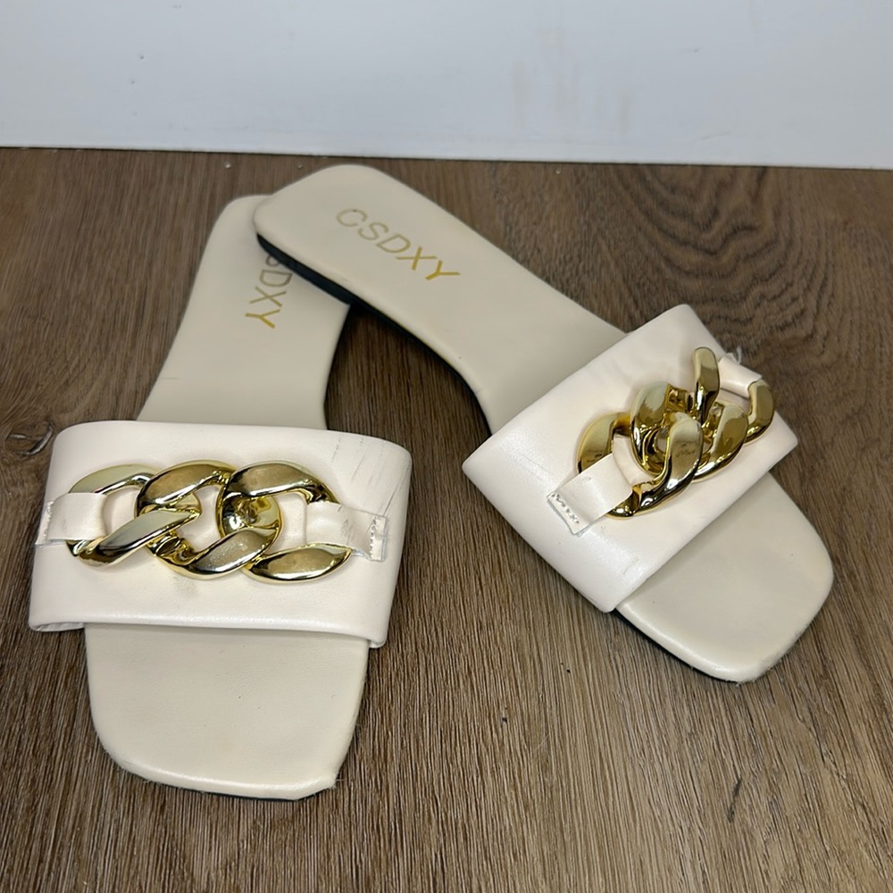 Cream Beige Slide Sandals with Gold Chain Size 39 (US 8.5) CSDXY Square Toe Y2K
